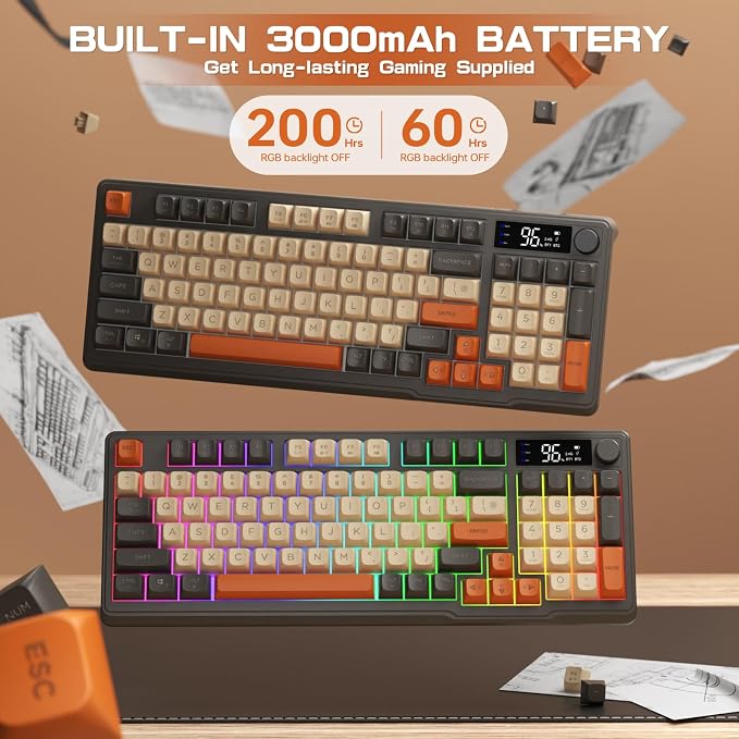 LexonElec M96 Wireless Gaming Keyboard,Knob Control Bluetooth/2.4G Wireless Mechanical Feeling Keyboard,RGB LED Backlit with Display Screen, PBT Keycap,3000mAh, 94-Key Layout for Win/Mac (Shimmer) - Image 6