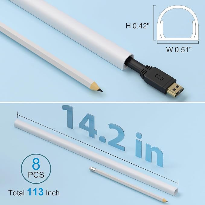 ZhiYo 113in Cord Cover for 1 Wire on Wall, 0.5" W x 0.4" H White | Upgraded Mini Raceway, Extra Capacity for Extension Cords, Half-Round Glazed Finish, Self-Adhesive, 8 Pack (14.2" Each) - Image 6