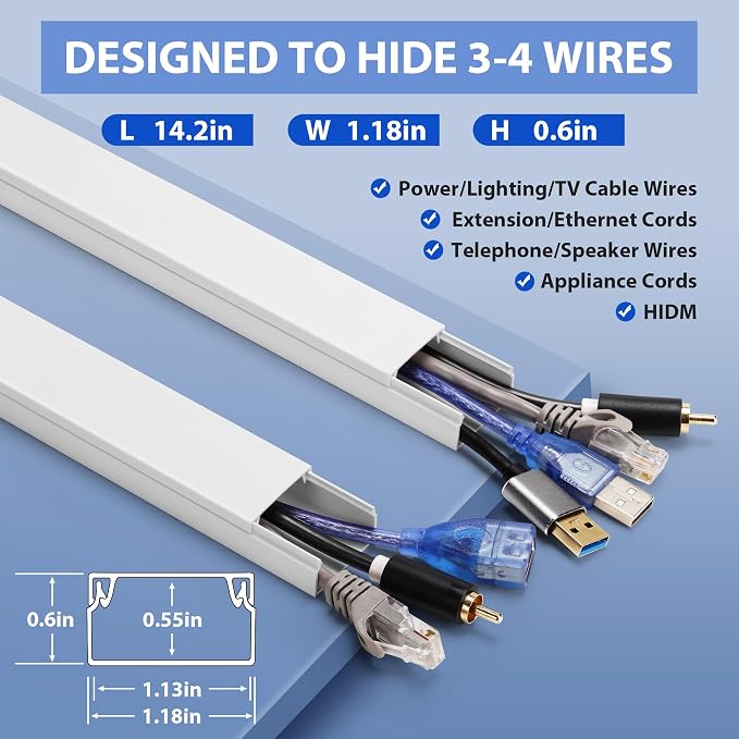 142in Wall Cable Hider Kit, YCLYC Cord Hider Wall Cord Cover for 3-4 Cords, Wire Hiders for TV on Wall, White Wall Cable Management Kit, Paintable Wall Wire Cover 10 x L14.2in W1.18in H0.6in - Image 2