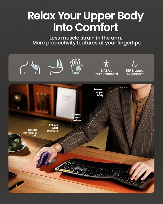 ProtoArc EM11 NL Wireless Ergonomic Mouse, Rechargeable, Black Purple | 58° vertical design supports a natural wrist posture, connect 3 devices via Bluetooth/2.4G USB-A, 500mAh USB-C rechargeable. - Image 4