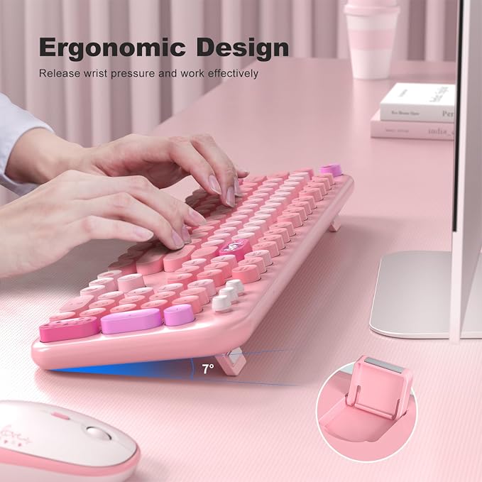 MOFII Wireless Keyboard and Mouse Combo, Cute Retro Typewriter Keyboard and Silent Mouse, 2.4GHz Full Size Computer Keyboard Wireless Mouse Set for PC, Laptop, Desktop, Windows (Pink Colorful) - Image 4