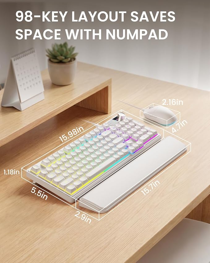 EWEADN Wired Keyboard and Mouse Combo with Detachable Wrist Rest, Quiet Ergonomic Keyboard Mouse Set with Multimedia Knob, RGB Backlit, Double-Shot Keycaps Natural Typing for Laptop, PC - White - Image 8