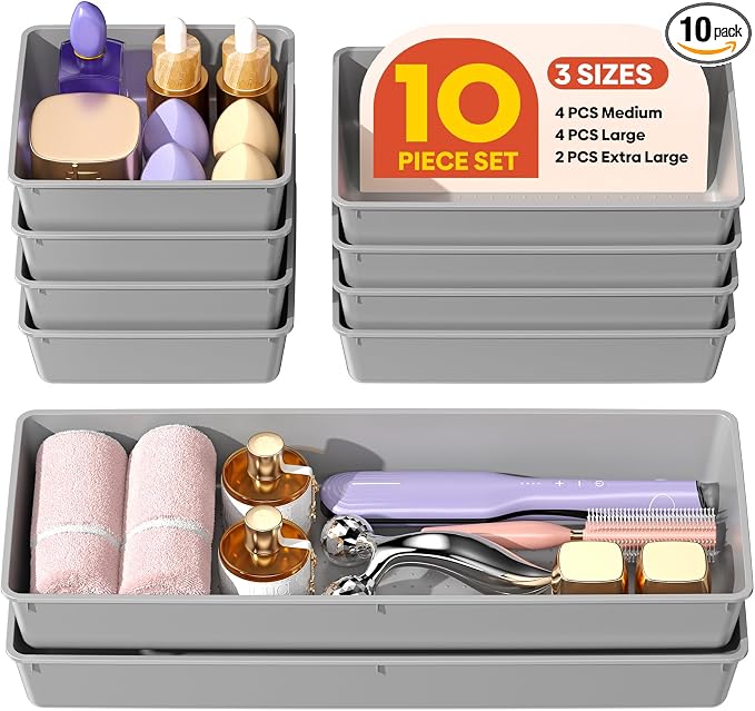 10 Pack Large Size Plastic Drawer Organizers Set, 3 Sizes Desk Drawer Organizer Trays, Storage Bins for Vanity, Makeup, Bathroom, Kitchen Utensils and Office (Gray) by Unknown