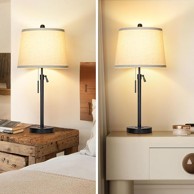 Black Bedside Lamp Tall Table Lamp 22" to 30" Adjustable Height 3 Brightness Way Nightstand with Beige Linen Shade Pull Chain Pole Lights for Living Room Guest Bedroom End Table(Bulb Included, Single) - Image 6