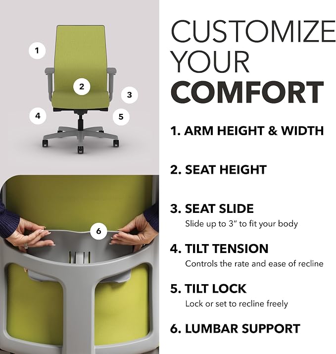 HON Ignition 2.0 Mid Back Task Chair, Spectrum Mesh, Advanced Synchro-Tilt Control, Office Chair with Lumbar Support, Height and Width Adjustable Arms, Titanium Frame, Pear | Ergonomic office desk chair with lumbar support, adjustable arms, office deco... - Image 3