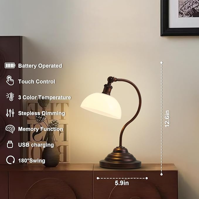 KARTOOSH Cordless LED Table Lamp Set of 2, Battery Operated Desk Lamps with Swing Arm & Plastic Shade, Vintage Small Rechargeable Dimmable Light for Bedroom, Living Room, Nightstand, Oil Rubbed Bronze - Image 2