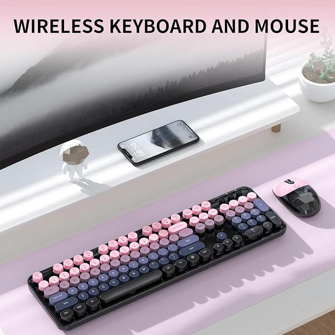 Wireless Keyboard and Mouse, MOFII 104 Round Keycaps Retro Typewriter with OTG & Brush, Full-Size Ergonomic, Ideal for Windows PC, Home, Office and College Peach Pink - Image 9