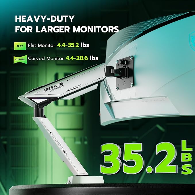 ARES WING RGB Single Monitor Arm Desk Mount for 17-45 inch Monitors, White | Monitor Arm Desk Mount Holds 35.2 lbs Heavy Duty, Adjustable Ultrawide Monitor Arm with Clamp & Grommet Base, 75/100 VESA - Image 3