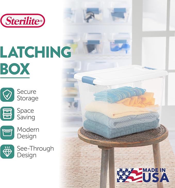 Sterilite 25 Qt Latching Storage Box, Stackable Bin with Latch Lid, Plastic Container to Organize Closet Shelf, Clear with White Lid, 12-Pack | Heavy-Duty and Stackable Plastic Containers with Latches for Closet, Cabinet, Bedroom, Bathroom and Dorm Roo... - Image 3