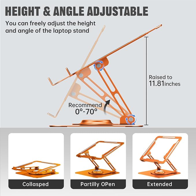Laptop Stand for desk(360°Rotating),Aluminum laptop Riser for 10-16"Laptops | Adjustable Multi-Angle Ergonomic Laptop Stand, Foldable Portable for Home Office, Fits MacBook Air Pro Dell HP Laptops - Image 3