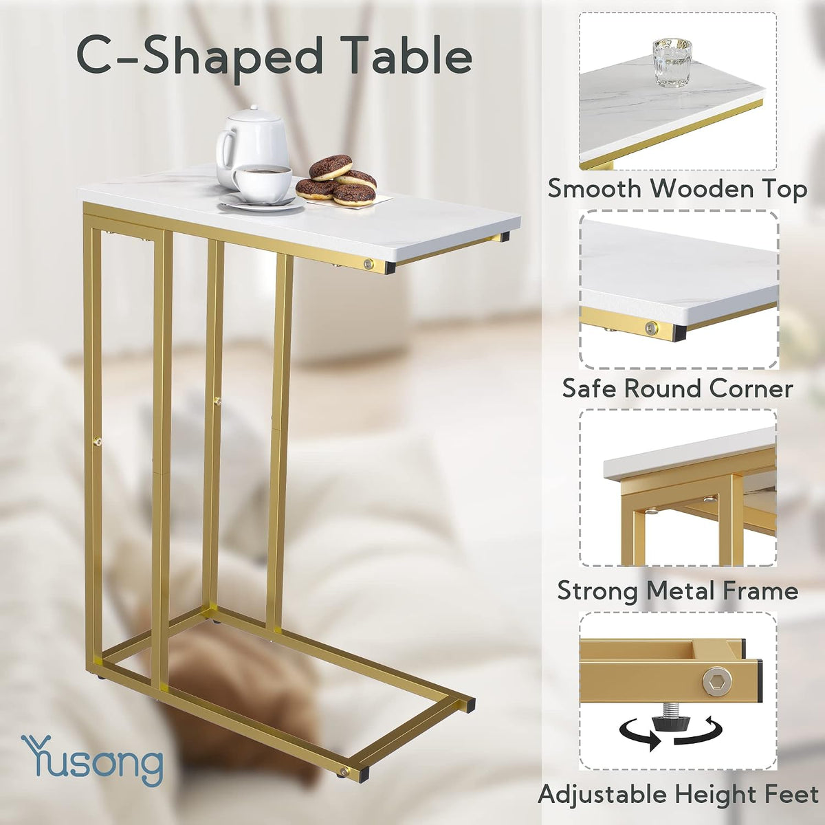 Yusong C Shaped End Table, Couch Side Table that Slide Under Sofa Bed, Small Table for Small Spaces, Skinny Overbed Table for Coffee Drink Snack, Living Room, Gold and White Marbled Wooden Top - Image 5