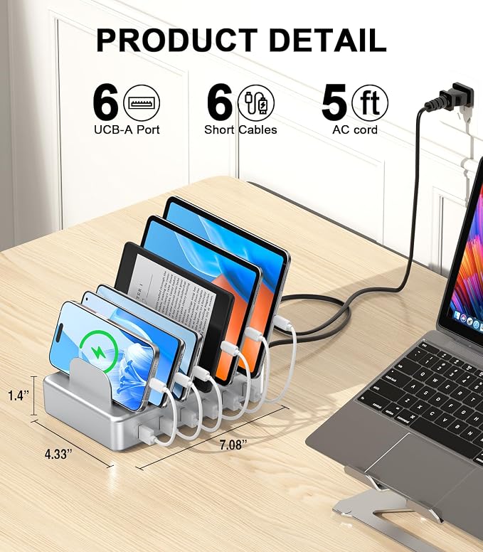 6 Port Charging Station for Multiple Devices, Multi Phone Charging Station | with 6 Cables, UL Test Report, Multi USB Charger Station for Cellphone iPad iPhone Tablet, for Family Office School (Silver) - Image 6