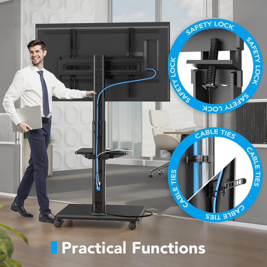 Mobile TV Stand with Power Outlets&Shelf, Floor Portable TV Stand with Wheels for 27-65Inch LCD LED OLED Flat/Curved Panel Screen, Swivel,Height Adjustable&Wood Base, RollingTV Cart Black - Image 7