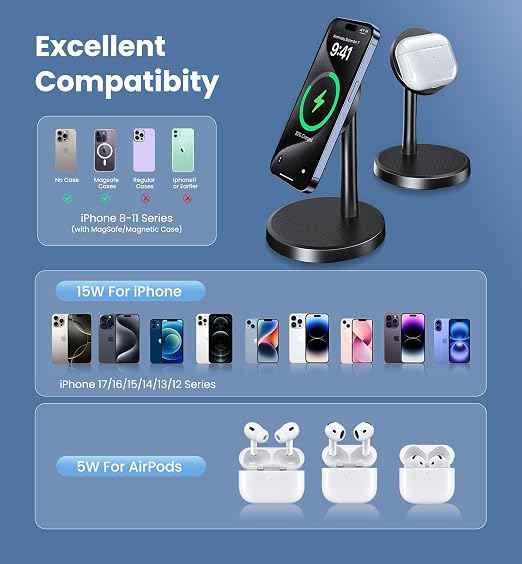 Magnetic Wireless Charger iPhone, 15W Fast Mag-Safe Charger Stand for iPhone 17/17 Air/17 Pro/17 Pro Max 16/15/14/13/12 Series, Wireless Charging Station for Pad/AirPods - Image 3
