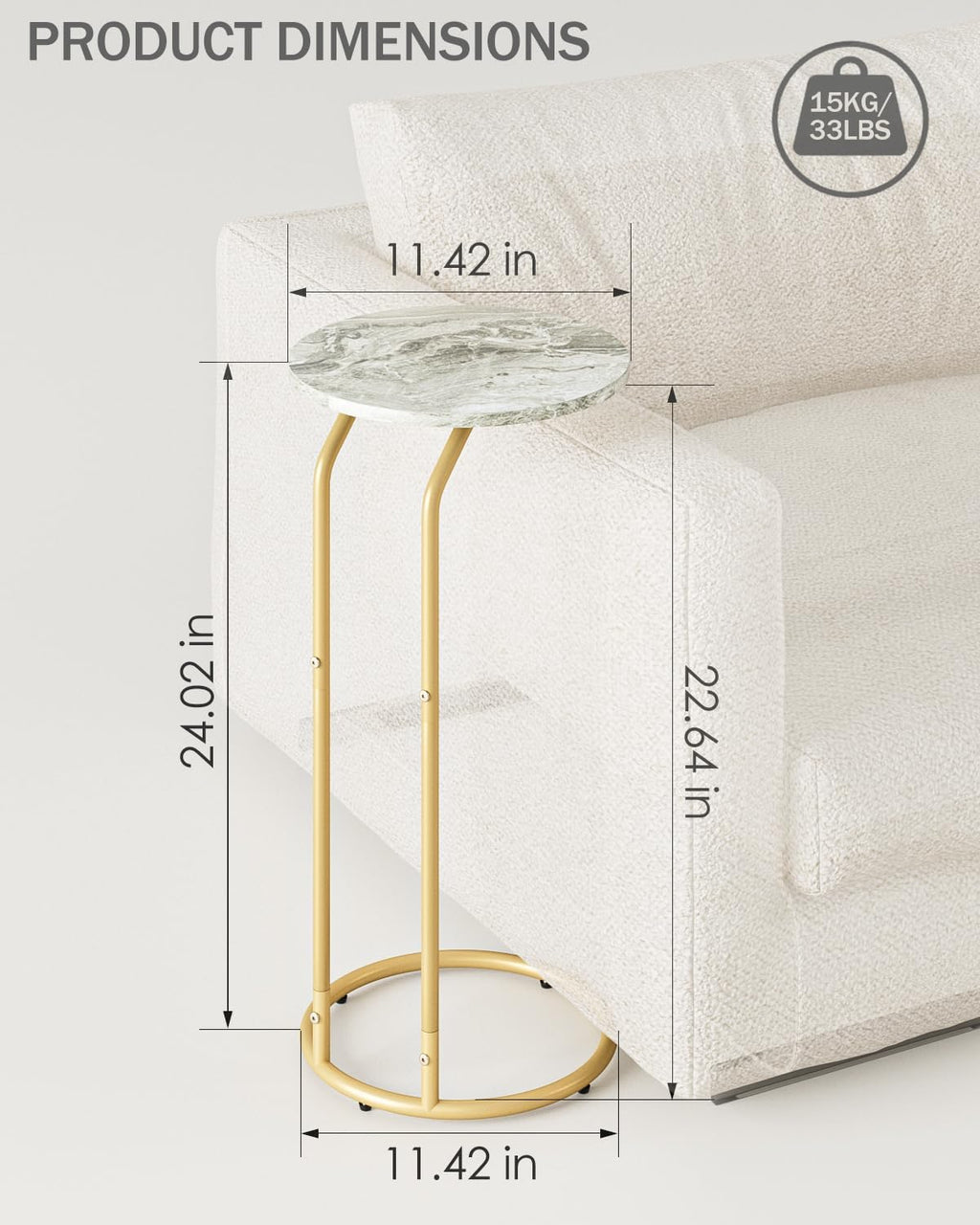 C-Shaped End Table Set of 2, Side Table for Couch, Marble and Gold - Image 3