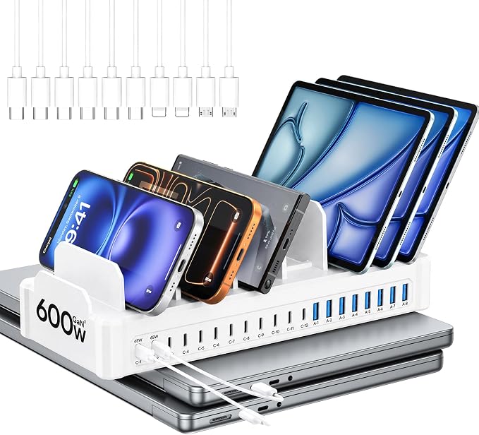 20-Port 600W Moezuti Charging Station for Multiple Devices with 10 Cables | GaN5 Dual 65W Multi-device Charging Dock , Fast Charger Station for Laptop Macbooks iPhone Samsung Galaxy Android Tablet by Unknown