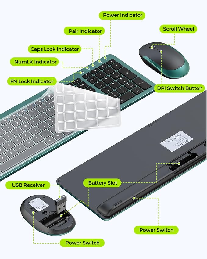 seenda Wireless Keyboard and Mouse Combo, Slim Full-Size Design | Quiet typing and mouse clicks, 2.4G USB receiver, Adjustable DPI mouse, Compatible for Windows PCs/laptops, Green - Image 6