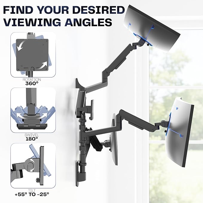 VIVO Quad Ultrawide Wall Mount, Heavy Duty Pneumatic Arm Monitor Station, Fits Four 38 inch Screens, Pneumatic Height Adjustment and 140lb Weight Capacity, Black, MOUNT-V400D - Image 5