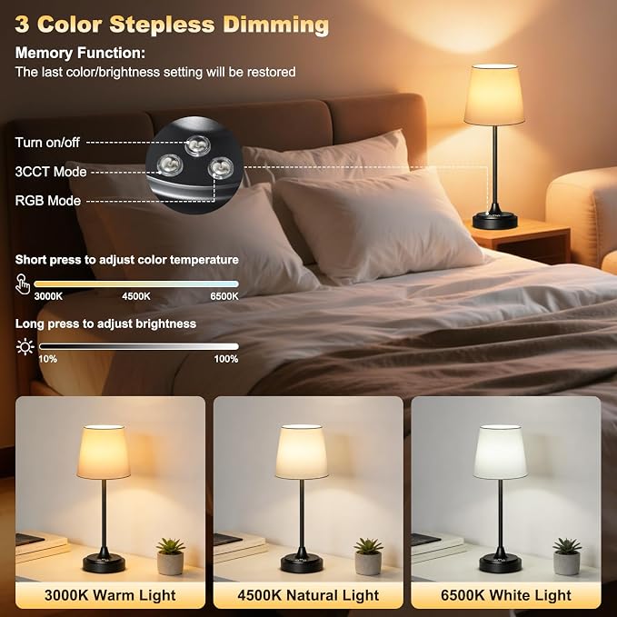 Wowag Cordless Table Lamp Rechargeable,5000mAh Battery Operated Desk Lamp,3 Colors & 7 RGB Stepless Dimmable,Touch Control Ambient Light for Bedside,Bedroom,Dining Room,Living Room,Black,WhiteShade - Image 2