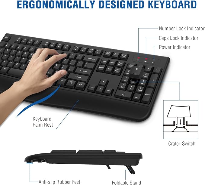 Wireless Keyboard and Mouse Combo, EDJO 2.4G Full-Sized Ergonomic Computer Keyboard with Wrist Rest and 3 Level DPI Adjustable Wireless Mouse for Windows, Mac OS Desktop/Laptop/PC - Image 4