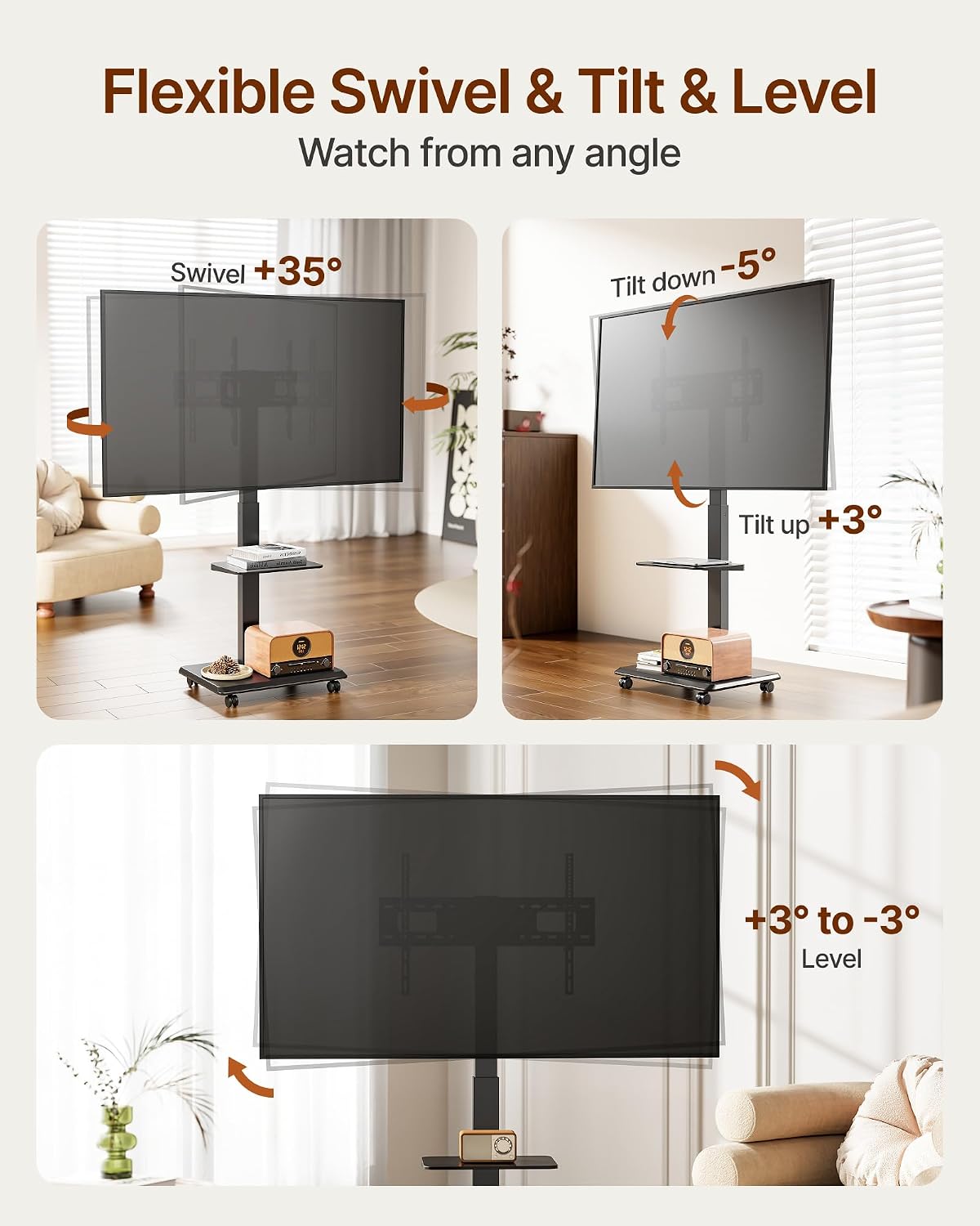 Steel Base Rolling TV Stand with Power Outlet for 32-75 inch TVs,BL - Image 3