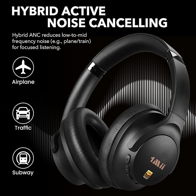 1Mii Y8+ Noise Cancelling Headphones Bluetooth 6.0 Over-Ear Wireless, Black | Hybrid ANC, 100 hrs Playtime, Comfortable, LDAC Hi-Res Audio, Deep Bass, Custom EQ via APP for Airplane & Travel - Image 4