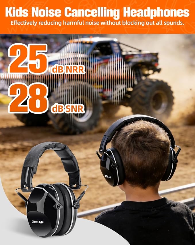 ZOHAN 032 Kids Noise Canceling Headphones - 25dB NRR Kids Ear Protection Earmuffs for School, Monster Jam, Fireworks, Travel, Air Show, Concert, Autism - Black - Image 2