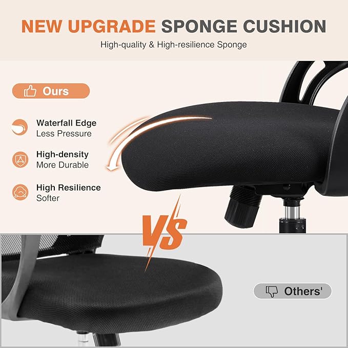 Sweetcrispy Computer Desk Chair, Mesh Office Chair with Lumbar Support | Ergonomic High-Back, Rolling Work, Adjustable Headrests, Flip-up Arms, Home Bedroom Study, Black - Image 4