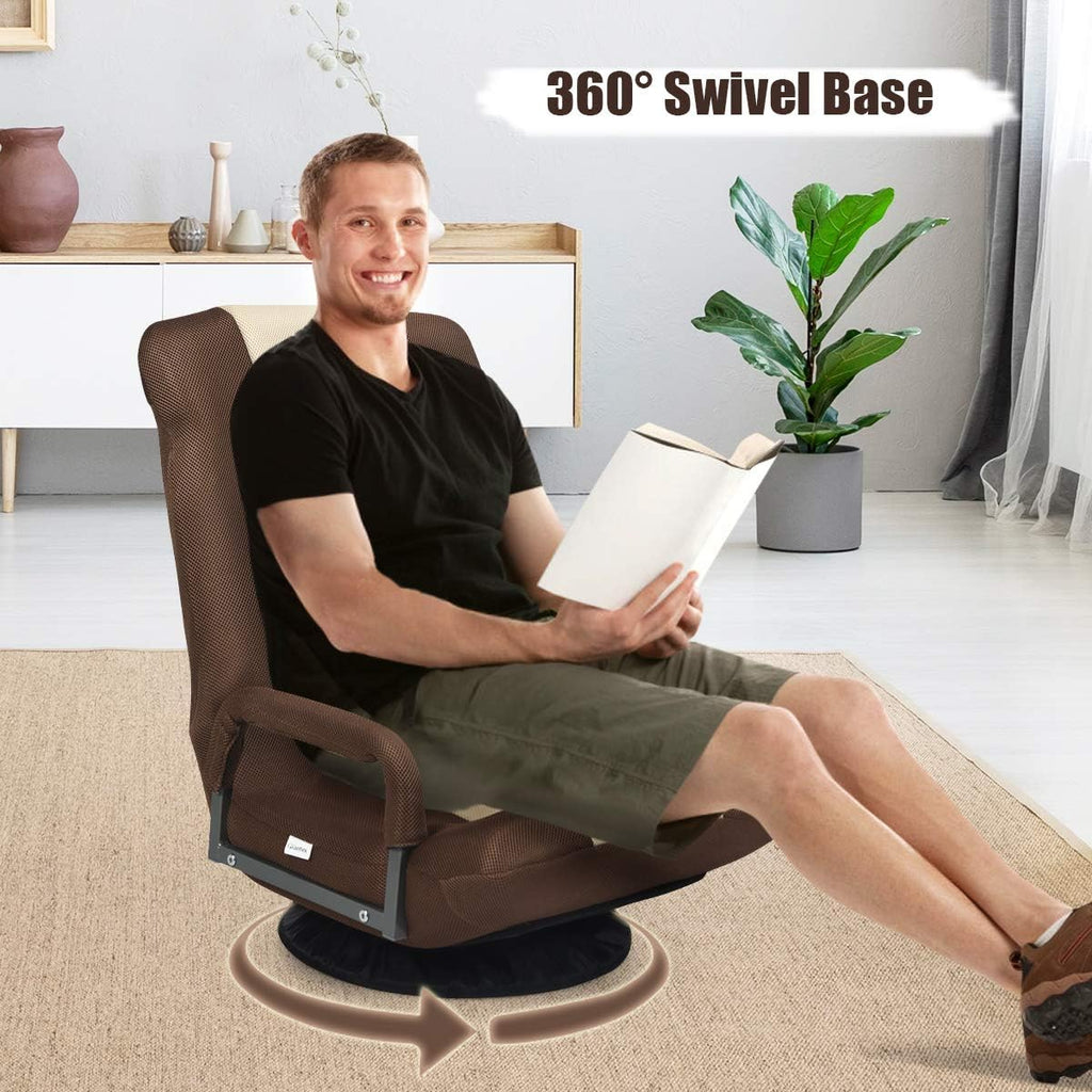 GIANTEX Floor Chair with 360 Degree Swivel Base, Adjustable Backrest, Lumbar Support, Armrest, Foldable Lazy Sofa Rocker for TV, Reading, Playing Video Games, Gaming Chair Floor, Beige/Brown - Image 2