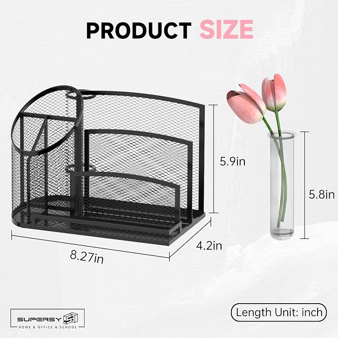 Desk Organizer with 3 Compartment Pen Holder, 3-Slot Mail Organizer and Flower Tube, Metal Mesh Bill Organizer for Pencil, Envelope, Letter and Office Supplies, Black - Image 2