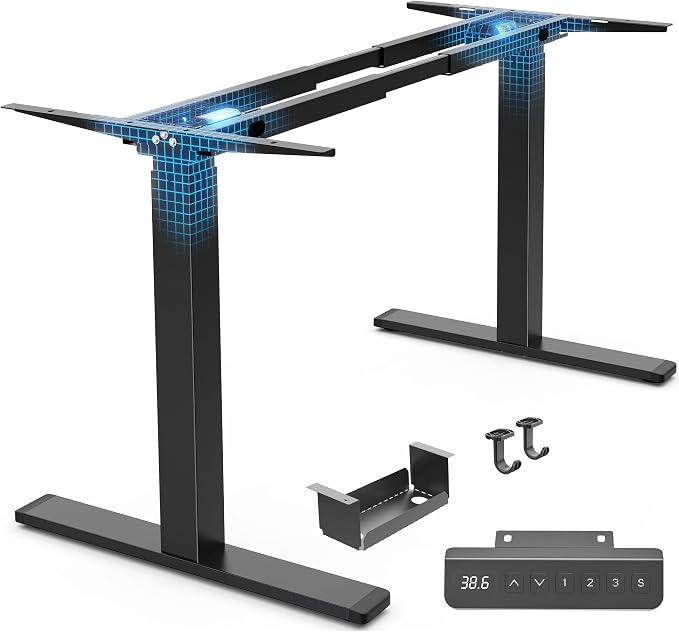 Huuger Dual Motor Electric Standing Desk Frame, Sit Stand up Desk Leg for 47.2” to 86.6” Desktop, Computer Desk Leg with Cable Tray, 3 Memory Height Presets, 2 Hooks, Black Frame Only by Huuger
