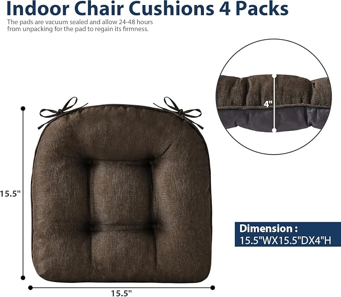 IASEAHK Chair Cushions for Dining Chairs, Seat Cushions for Kitchen Chairs, Indoor Seat Cushions with Ties, Tufted Foam Chair Pads, Non Slip Chair Cushions Set of 2, 15.5" x 15.5" x 4", Brown - Image 6