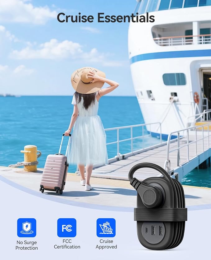 ORICO Cruise Approved Power Strip, 5 in 1 Extension Cord | with 2 AC Outlets 2 USB-A and 1 USB-C Ports, 3.7 ft Flat Plug Wrap-around Power Strip for Cruise Travel, Office, Hotel, Home - Image 6