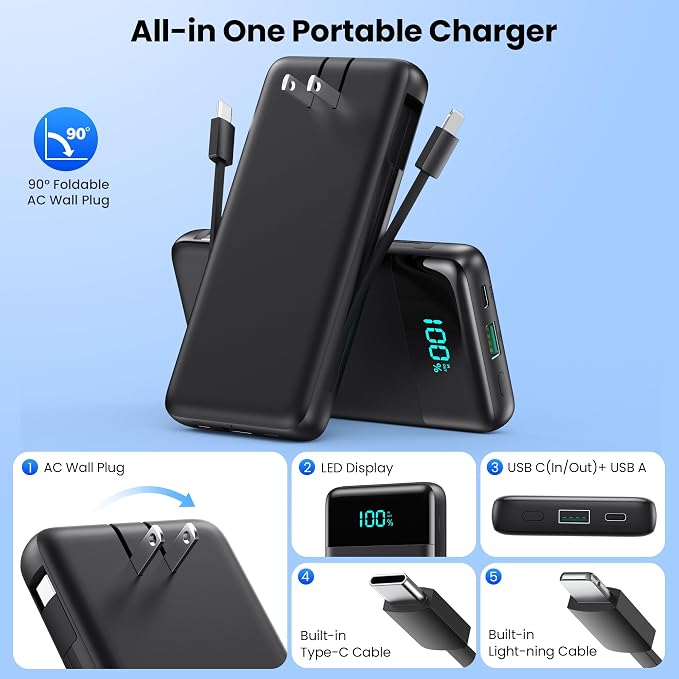 Portable Charger Power Bank for iPhone with Built-in Cables and AC Wall Plug, 13800mAh Ultra Slim Travel Essentials,USB C Fast Charging External Battery Pack for iPhone 17/16/15/13,Galaxy,Android etc - Image 6