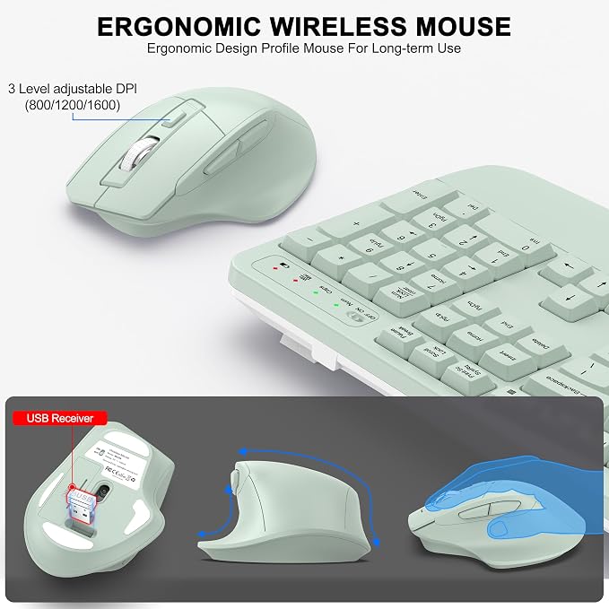 Wireless Keyboard and Mouse Combo, 2.4G Ergonomic Wave Key(Avocado Green) | Full Size Wave Keyboard with Wrist Rest, 3-Level DPI Adjustable Ergonomic Mouse for Windows and Mac OS Desktop/Laptop/PC - Image 4