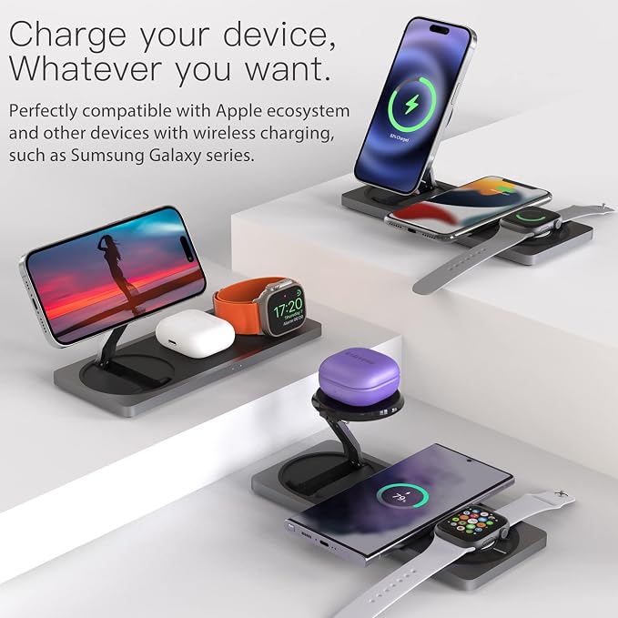 3 in 1 Wireless Charging Station for Apple Devices with MagSafe | For iPhone 17/Air/16/15/14/13/12, AirPods & Apple Watch, Foldable Portable Aluminum Charging Stand, Adapter Included - Image 5