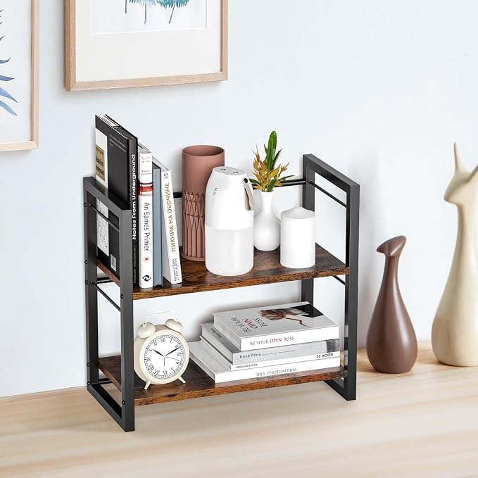 Office Desk Shelf Organizer, Wood Desktop Bookshelf Supplies Storage Rack, Shelf for Top of Desk and Dresser (Brown-2 Tier) - Image 2