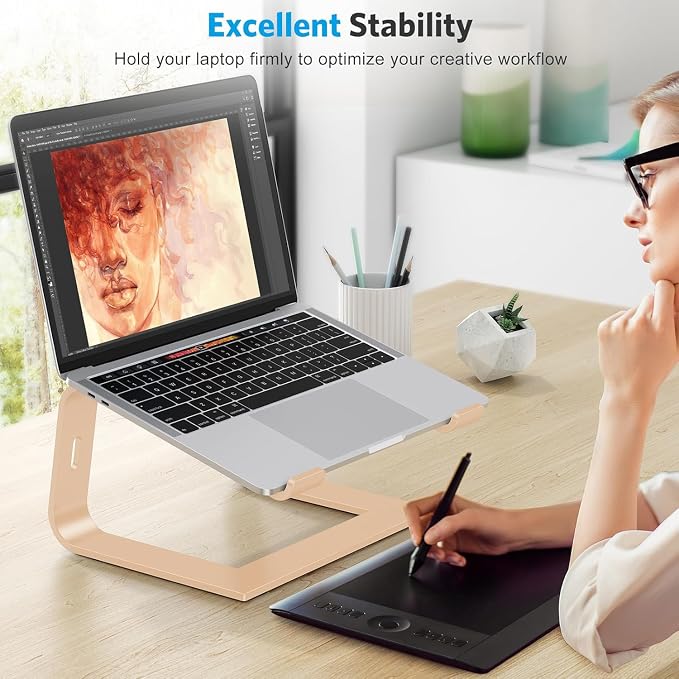 OMOTON Laptop Stand, Detachable Laptop Mount, Aluminum Laptop Holder Stand for Desk, Compatible with MacBook Air/Pro, Dell, HP, Lenovo and All Laptops (11-16 inch), Gold | 11-17" Laptop Holder for Desk, Notebook Computer Mount, Lightweight Cooling for ... - Image 3