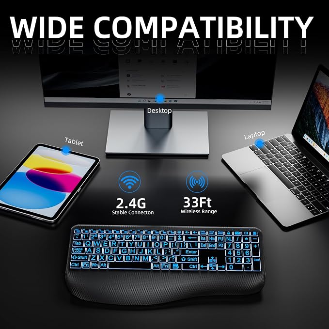 Hamile Large Print Wireless Backlit Keyboard for Windows, Black | Rechargeable keyboard with quiet low-profile keys, 7-color backlight memory, full-size layout, and extra-large wrist rest - Image 7