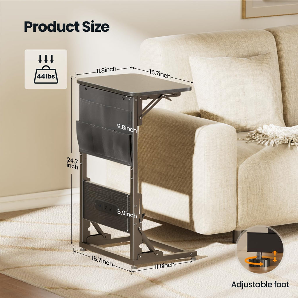 HLDIRECT C Shaped End Table with Charging Station & Storage Bag Black - Image 3