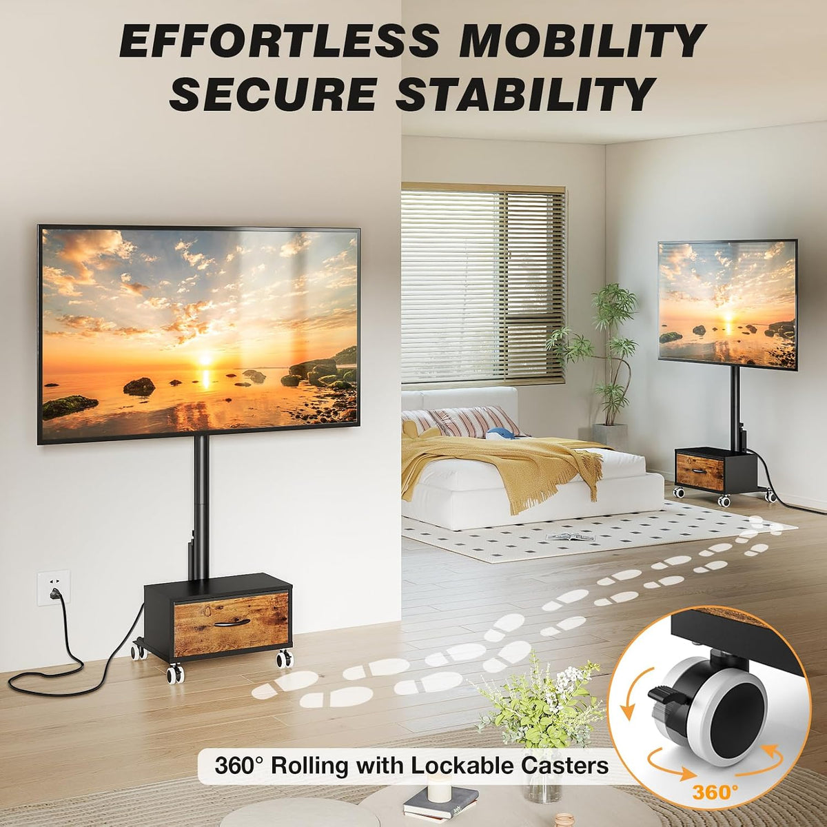 Rolling TV Stand for 27-60in TVs with Drawer & Power Outlet - Image 3