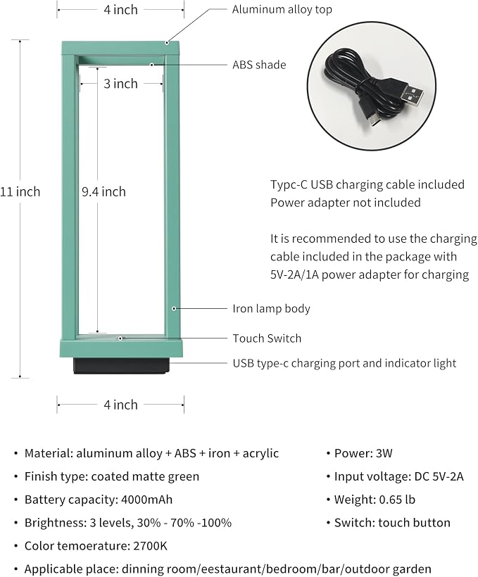 PUSU Cordless Waterproof Table Lamps Set of 2, Green LED Outdoor Desk Lamp | Rechargeable 4000mAh Battery Operated, 2700K 3-Level Dimmable, Portable Lighting for Patio, Camping, Bedroom, Night Light - Image 5