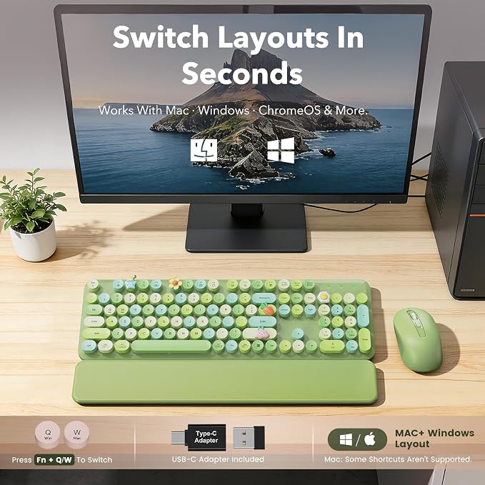 Wireless Keyboard and Mouse Combo, Cute Retro Typewriter Keyboard with Round Keycaps and Magnetic Wrist Rest, Full-Size 2.4GHz Cordless for Mac, Windows PC, Laptop, SABLUTE CK23, Green Multi-Color | Full-Size Typewriter-Style Keyboard, Tilt Legs, 2.4GH... - Image 9