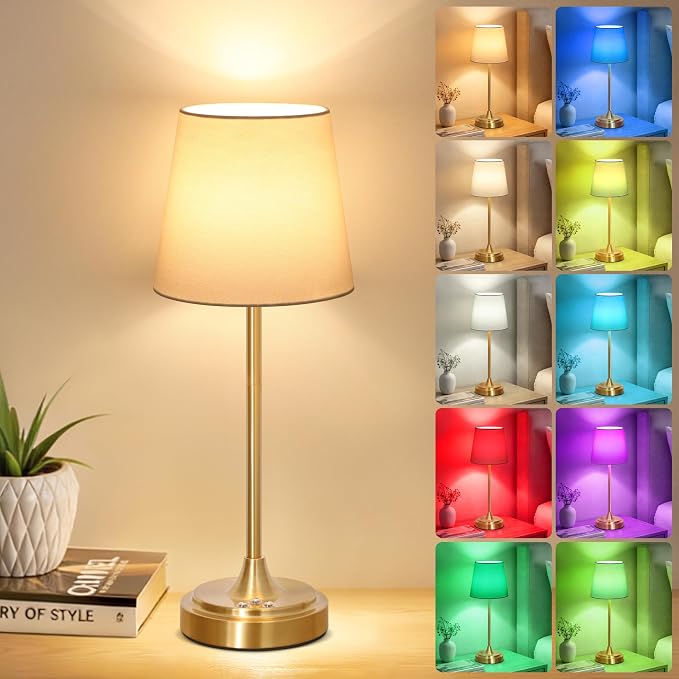 Wowag Cordless Table Lamp Rechargeable,5000mAh Battery Operated Desk Lamp,3 Colors & 7 RGB Stepless Dimmable,Touch Control Ambient Light for Bedside,Bedroom,Dining Room,Living Room,Gold,WhiteShade by Wowag