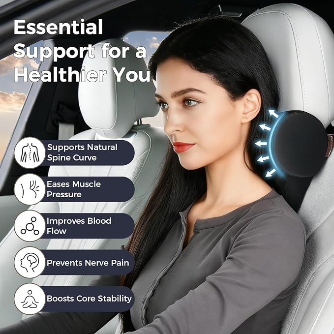 Coverado Car Headrest Pillow, Ergonomic Memory Foam Car Neck Pillow for Driving Seat with Adjustable Strap, Soft PU Leather Breathable Removable Cover Neck Support for Neck Pain Relief - Image 3