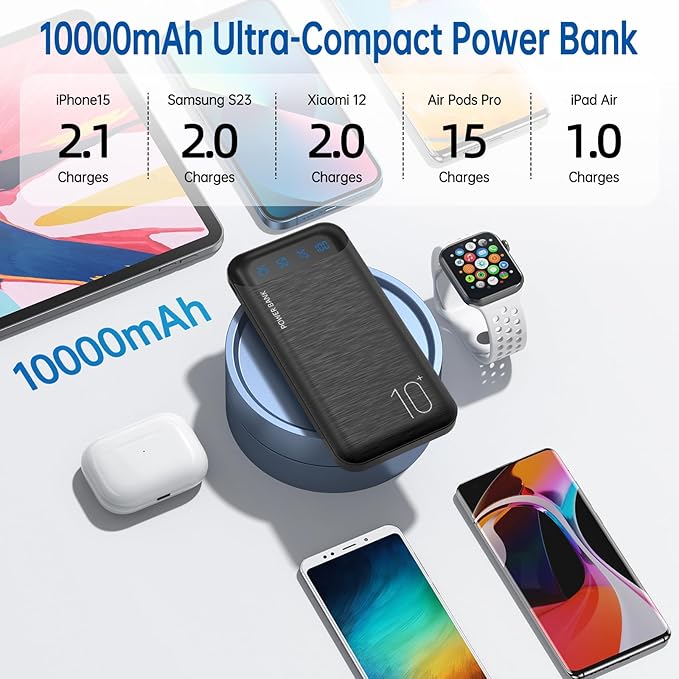 Power Bank 10000mAh Portable Charger Slim Battery Pack with 2 USB 2.4A Outputs and USB C In/Out Compatible with Huawei iPhone 16 15 14 13 12 iPad Samsung Galaxy S20 Android Tablet (Black + White) - Image 7