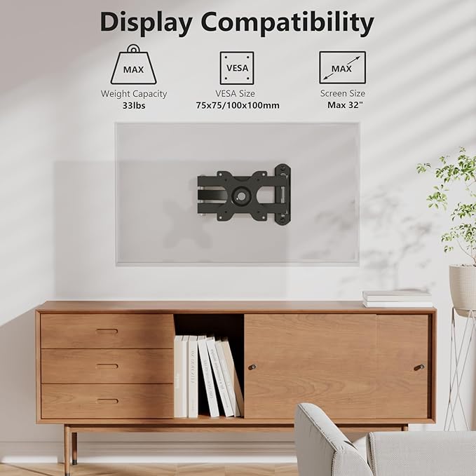 WALI TV Wall Mount Articulating LCD Monitor Full Motion 15 inch Extension Arm Tilt Swivel for Most 13 to 32 inch LED TV Flat Panel Screen with Mounting Holes up to 100x100mm (1330LM), Black | Monitor Wall Mount up to 33lbs, VESA 75/100, Articulating Ti... - Image 2