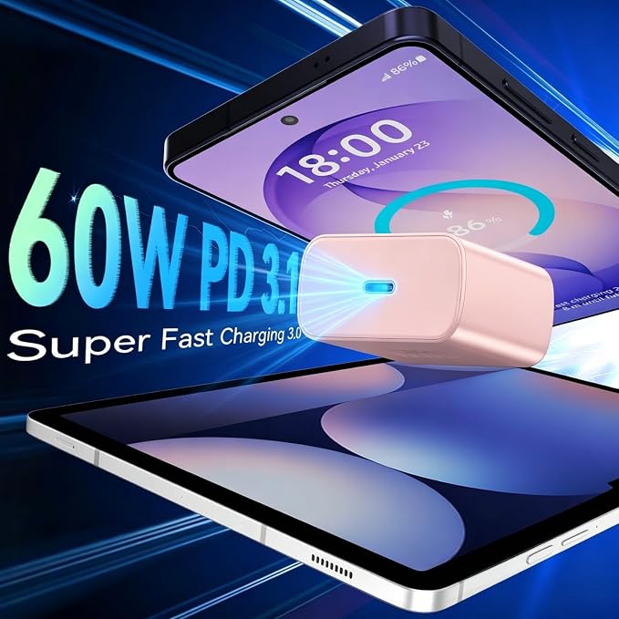 60W USB C Super Fast Charger Type C Android Phone Charger Fast Charging Block with 10ft USB-C to USB-C Cord Compatible with Samsung Galaxy S26 Ultra/S26/S26+/S25/S25 Ultra/S25+/S24, MacBook, iPad,pink - Image 4