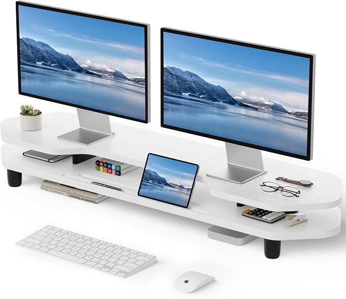 AFOOYO 2 Tier Dual Monitor Stand Riser,Wider Board Computer Monitor Stand for 2 Monitors,Slot For Phone/Tablet Office Desktop Organizer for Laptop,PC,Computer,Printer,White by AFOOYO