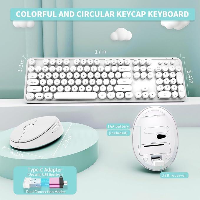 Wireless Keyboard and Mouse Combo, Ergonomic Full Size Typewriter Retro Round Keycaps Keyboard, Compatible with Windows, PC, Perfer for Home and Office Keyboards（White） - Image 5